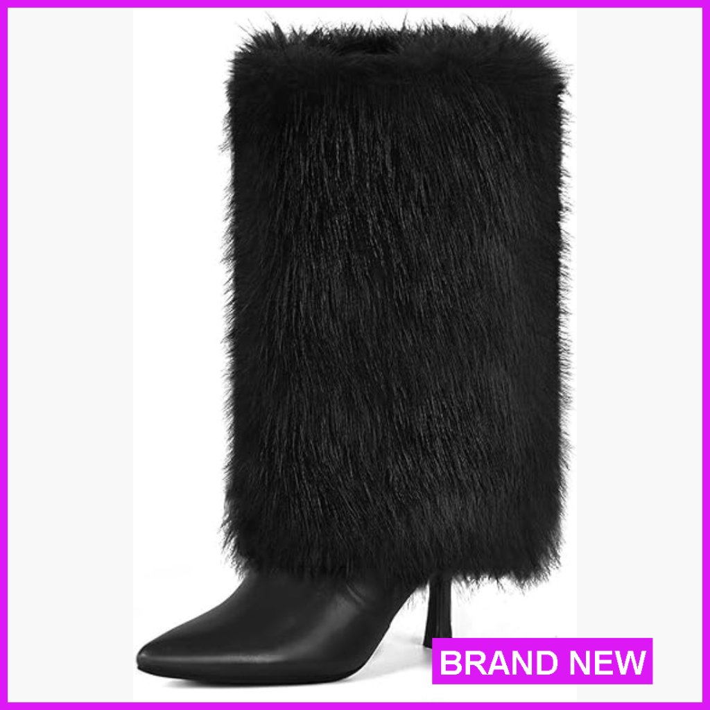Faux Fur Fold Over Boots Kitten Heel Pointed Toe Mid Calf Winter Chic